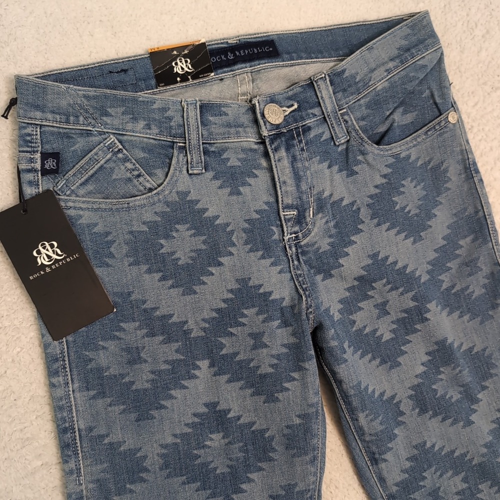 NEW Rock & Republic Berlin Skinny Stretch Jeans All Over Print Light Wash 8 $88